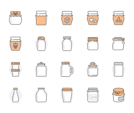 Bottle of jam flat line icons. Glass packaging for fruit confiture, raspberry pozzy, strawberry jelly, marmalade vector illustrations. Thin signs for sweet food store. Orange Color. Editable Strokes.