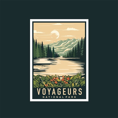 Emblem sticker patch logo illustration of Voyageurs National Park on dark background, lake and canoe vector badge