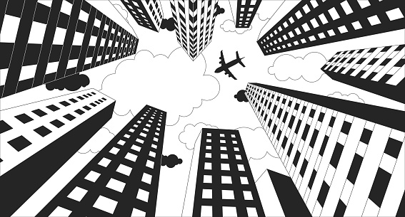Plane flying over high rise buildings black and white lofi wallpaper. Airplane skyscrapers below view 2D outline cartoon flat illustration. Aircraft megalopolis. Dreamy vector line lo fi background