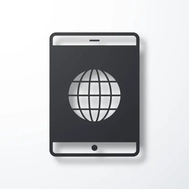 Vector illustration of Tablet PC with globe. Icon with shadow on white background