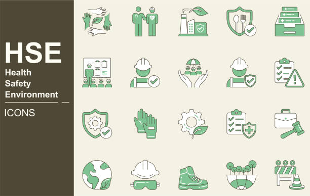 illustrations, cliparts, dessins animés et icônes de jeu d’icônes hse. santé, sécurité, environnement, premiers secours, sécurité au travail, communication, apprentissage, économie d’énergie, gestion des déchets, protection de l’environnement, travail industriel en toute sécurité, industriel - protection de lenvironnement
