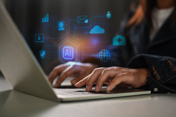 istock Businesswoman typing on laptop with future virtual icons. Artificial intelligence of futuristic technology concept 1972102923