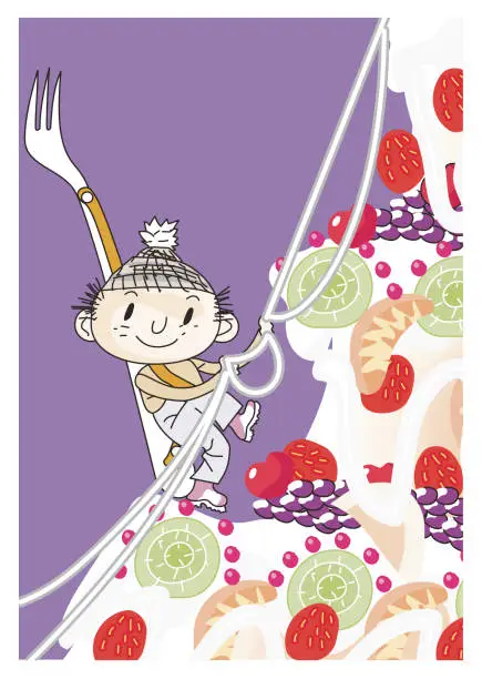 Vector illustration of little boy climbs a fruit cake like a mountaineer