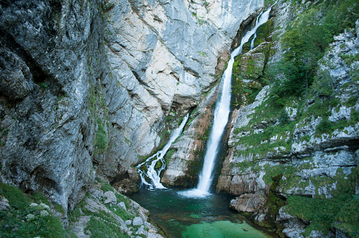 Beautiful Savica Waterfall Landscape in the Forest During Summer. Bohinj, Slovenia