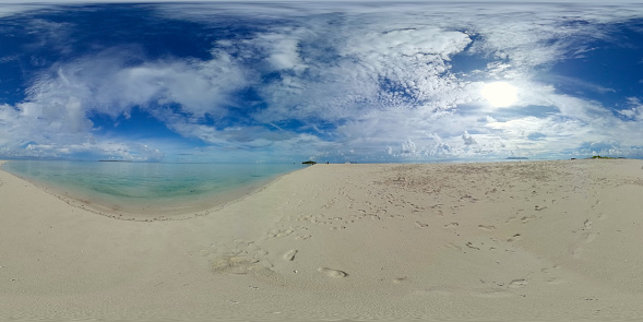 Beautiful sandy beach and a blue ocean. Malaysia. Timba Timba Island. VR 360.