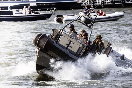 Fast speedboat with Dutch Marines during an assault demo at the World Harbor Days in Rotterdam. September, 3, 2016.