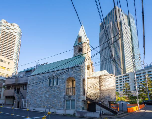 Tokyio, Japan. January 2024. exterior view of a small Catholic church in the city center