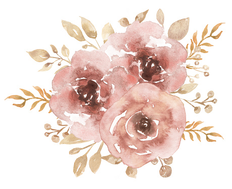 Watercolor pink peony flowrs bouquet illustration, delicate roses arrangement clipart