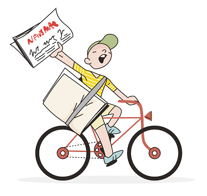 Vector kid with bicycle deliver newspaper