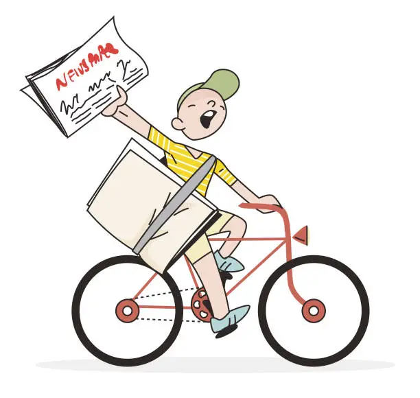 Vector illustration of kid with bicycle deliver newspaper