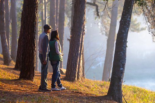 Back view of senior couple watching sunrise together in the pine forest after hiking for love, marriage and healthy long last relationship bonding and longevity