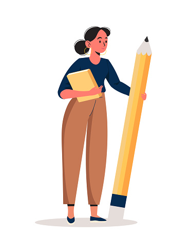 Business woman holds big pencil. Confident female writer or content manager stands with pen. Copywriting and blogging concept. Journalists, editors, creators. Vector illustration isolated on white