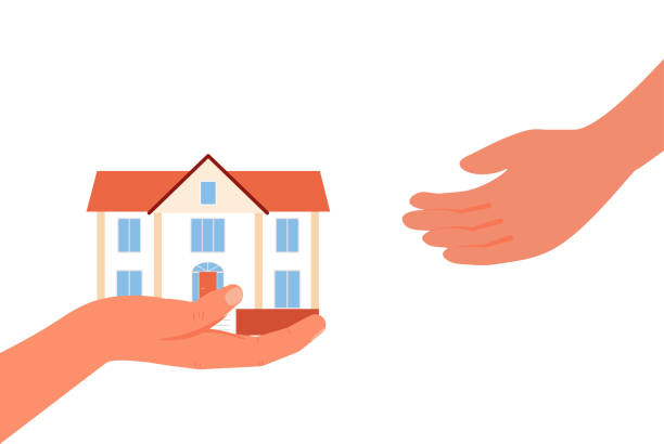 ilustrações de stock, clip art, desenhos animados e ícones de one hand gives to another hand small house. provision of help and shelter to person in need. inherit house or real estate from parents, financial advisor on legacy planning. vector illustration - family insurance agent real estate financial advisor