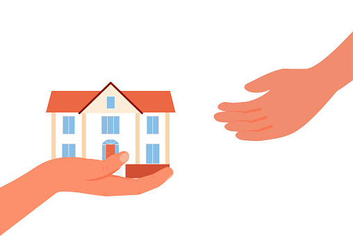 One hand gives to another hand small house. Provision of help and shelter to person in need. Inherit house or real estate from parents, financial advisor on legacy planning. Vector illustration