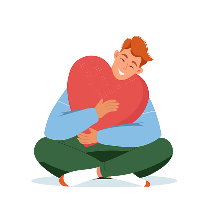 Love tenderness and care concept. Young smiling man cartoon character embracing big red heart vector illustration. Smiling boy sits in lotus pose enjoys his freedom and life. Self love concept. Cute happy boy teeager hugging herself. Self care, self-pride, self-acceptance, body positive and confidence concept vector illustration. Esteem and social role.