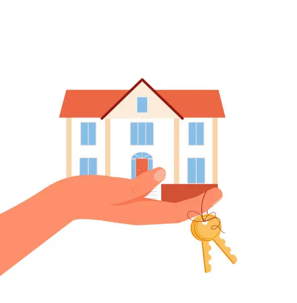 Vector illustration of Buy a house concept. Man holding a house and key in hand. Deal sale, offer, property purchase, real estate agency, mortgage loan, buy a home, handover of house keys. Modern flat vector illustration