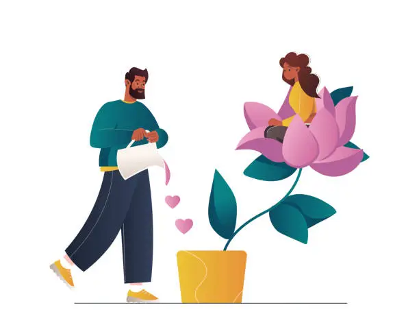 Vector illustration of Couple in love. Man takes care of his woman, watering and growing their love flower. Young family is in romantic relationship. Healthy human relations and concern for others. Vector illustration