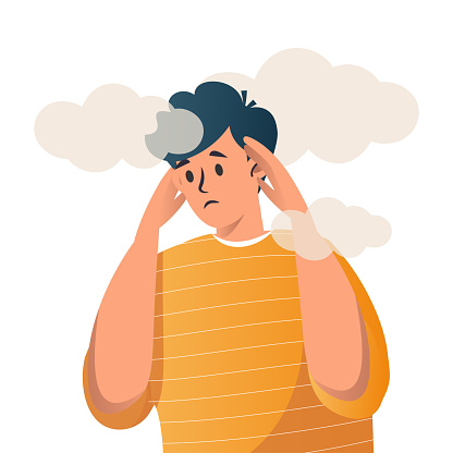 A sad young man has a clouded mind. A depressed teenager boy suffers from temporary memory loss and confusion. Unhappy depressed man in grief, sorrow, sadness. Psychology concept vector illustration