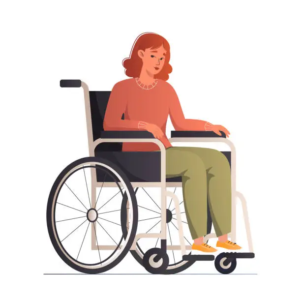 Vector illustration of Smiling woman sitting in wheelchair vector illustration. Disabled joyful modern female character. Cute happy girl with physical disability or impairment isolated on white background.