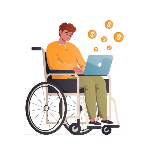 Vector illustration of Wheelchair man working at laptop. Employment or social adaptation people with disability concept. Equal opportunities. Character with disabilities working online. Social inclusion. Vector illustration