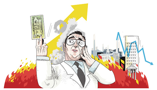 Vector The fire behind the businessman holding money in his hand financial indicators economic crisis landscape