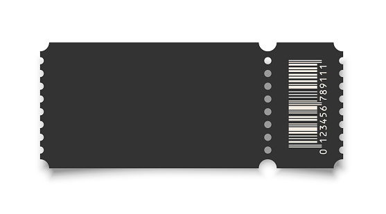 Cinema ticket realistic vector template. Retro black paper coupon for event, discount voucher mockup with barcode and text space on white background. Concert, movie, raffle, carnival blank pass.