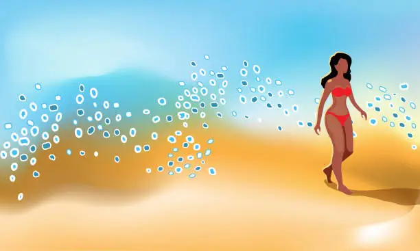 Vector illustration of Girl by the seashore. Ocean waves with splashes. Tourism and recreation during the summer holidays.