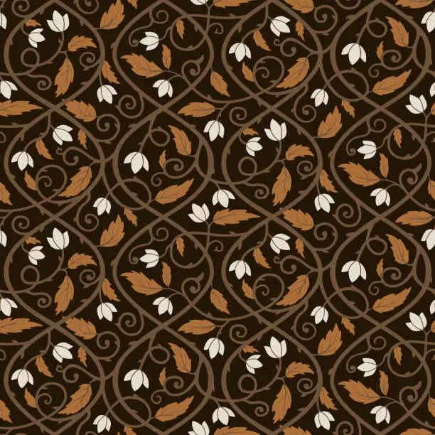 Vector illustration of Vintage floral seamless pattern. Brown botanical repeated surface design. Elegant vector background with vines, flowers and leaves