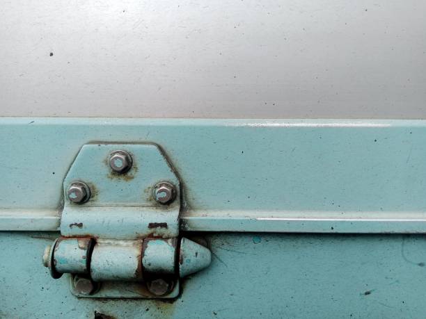 Detail of the gray container's iron wall surface with hinges and padlocks. suitable for background and texture themes