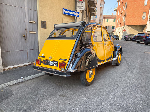 Cremona, Italy - June 25 2023 Citroen 2cv Charleston limited edition black yellow 40 anniversary parked in the street