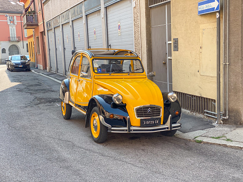 Cremona, Italy - June 25 2023 Citroen 2cv Charleston limited edition black yellow 40 anniversary parked in the street