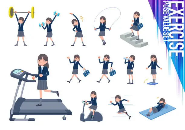 Vector illustration of A set of navy blazer student women on exercise and sports
