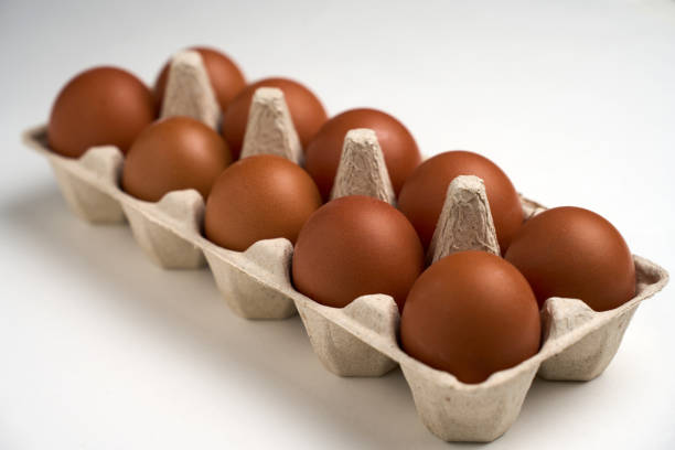 Ten brown eggs in carton on white with clipping path. Chicken egg on white background, close-up