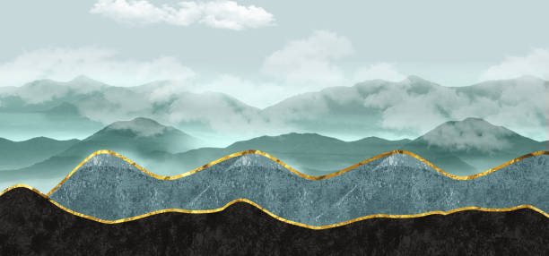 istock 3d modern art mural wallpaper with light blue background. golden, turquoise mountains, white moon. light landscape background and clouds and colorful mountains. for home wall decoration 1972271617