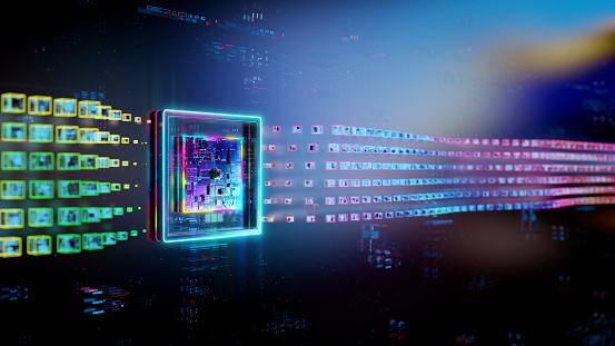 Powerful CPU with glowing central core and data transfers. The future of quantum technology and AI processing. Futuristic central processing unit in world of technological progress and innovation. CGI 3D render