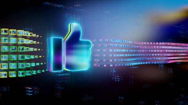 istock Digital like icon on future tech background. Productivity and rating evolution. Futuristic thumbs up icon in world of technological progress and innovation. CGI 3D render 1972284172