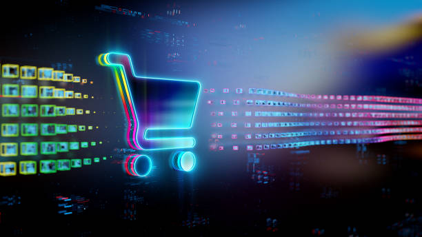 istock Digital cart icon on future tech background. Online shopping evolution. Futuristic shopping cart icon  in world of technological progress and innovation. CGI 3D render 1972284692