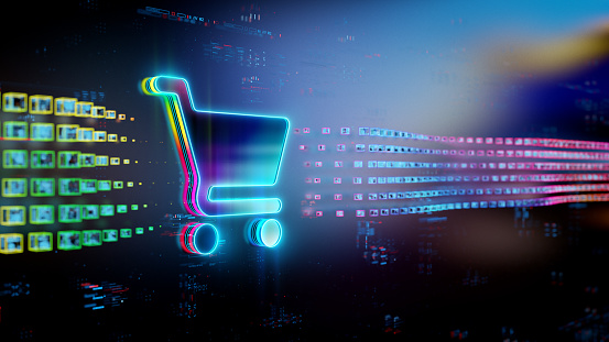 Digital cart icon on future tech background. Online shopping evolution. Futuristic shopping cart icon  in world of technological progress and innovation. CGI 3D render