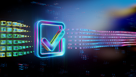 Digital check mark icon on future tech background. Productivity and rating evolution. Futuristic checkmark icon in world of technological progress and innovation. CGI 3D render
