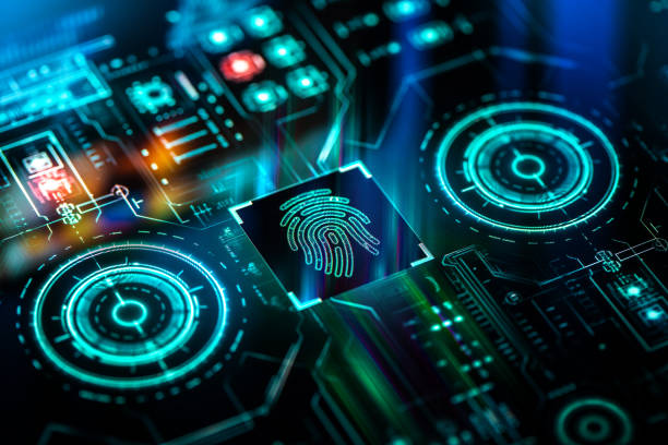 istock Digital security and authentication background. Fingerprint biometric scanner on futuristic screen technology background. 1972286357