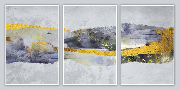 istock Abstract modern paint wallpaper. 3d illustration minimalist boho wall poster art. Blue, gray, golden and white canvas artwork 1972286911