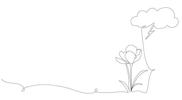 Vector illustration of Continuous drawing of lines. Clouds with a thunderstorm over a flower. Weather conditions. Black isolated on a white background. Hand drawn vector illustration.