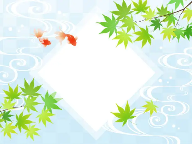 Vector illustration of Blue maple and goldfish_summer banner frame