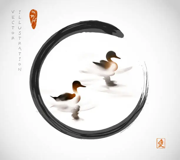 Vector illustration of Ink painting with a pair of ducks gliding gracefully across serene waters in in black enso zen circle. Traditional oriental ink painting sumi-e, u-sin, go-hua in simple style. Hieroglyph - love
