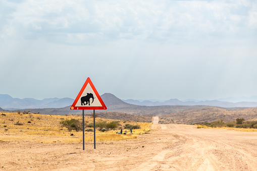 Red triangle road sign warning for elephant in barren African landscape