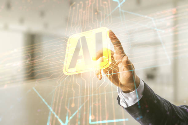 istock Double exposure of man hand presses on creative artificial Intelligence icon on blurred office background. Neural networks and machine learning concept 1972331055