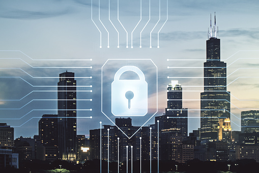 Virtual creative lock symbol and microcircuit illustration on Chicago skyline background. Protection and firewall concept. Multiexposure