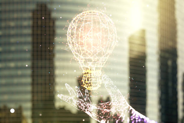 istock Virtual Idea concept with light bulb illustration on office buildings background. Multiexposure 1972331611