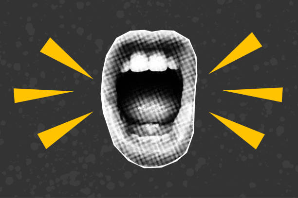 Open screaming mouth in halftone style Open screaming mouth in halftone style. Collage sticker cut out from a magazine on a dark textured background, yellow geometric elements. weird spot stock illustrations