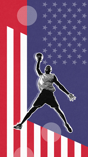 Competitive young African man, basketball player representing team of USA in international match. Concept of sport, championship, tournament. Creative design, poster for sport event. Grainy effect